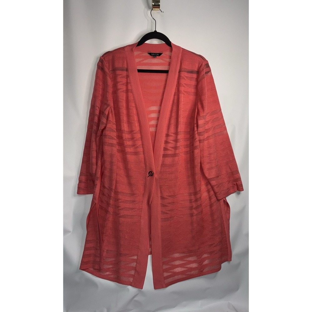 Misook Cardigan Duster Sz 0x Coral Pink Striped Mesh Knit Open Front One Button